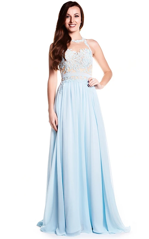 Robe de bal longue en mousseline sans manches à col montant et ornée d'appliqués