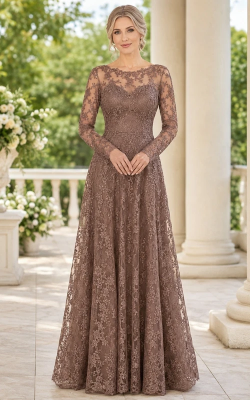 Brown Romantic Elegant Jewel Long-Sleeve Lace A-Line Floor-Length Formal Dress