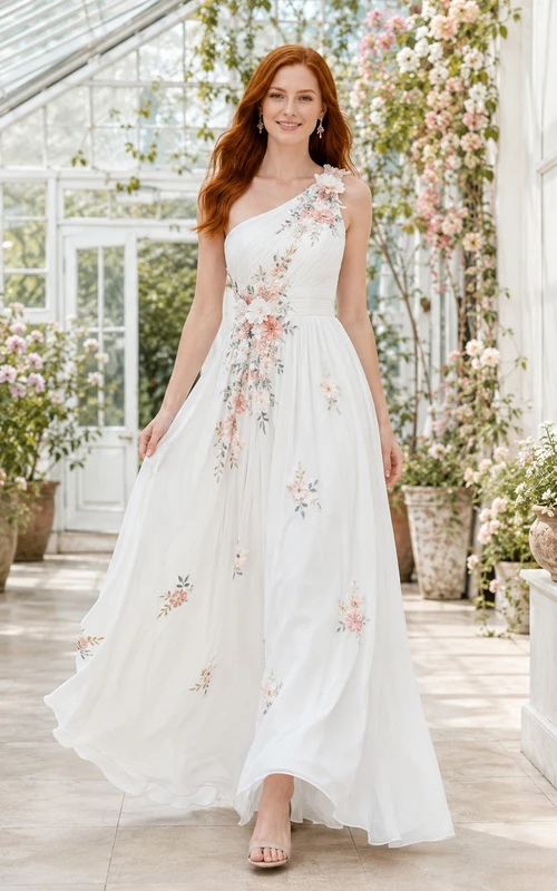 Romantic White Floral One-Shoulder Chiffon A-Line Ankle-Length Garden Guest Dress