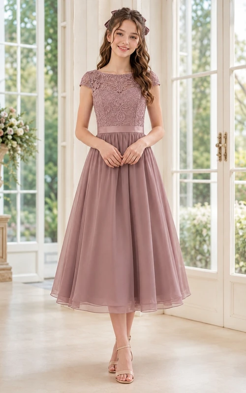 Vintage mauvefarbenes, kurzes Chiffon-Brautjungfernkleid mit Spitze, Strasssteinen und kurzen Ärmeln in A-Linie und Teelänge