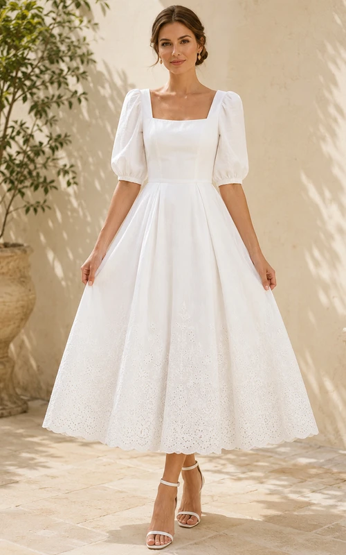 Vestido de novia romántico de encaje con escote cuadrado y mangas abullonadas hasta la rodilla