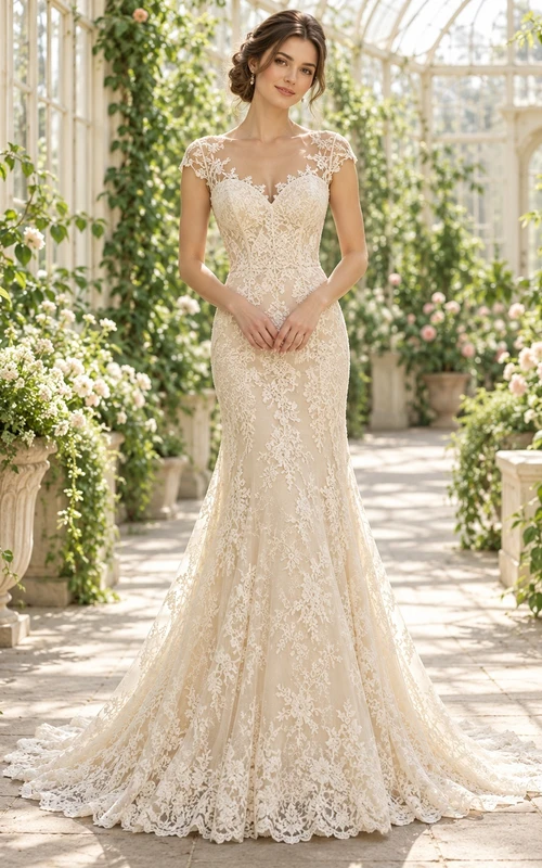Vintage Mermaid Sweetheart Illusion Cap Sleeve Lace Train Wedding Dress