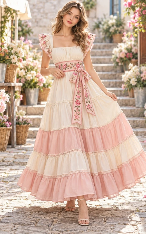 Square Neck Cumbia Ivory Pink Floral Sash Tiered Folk Dress