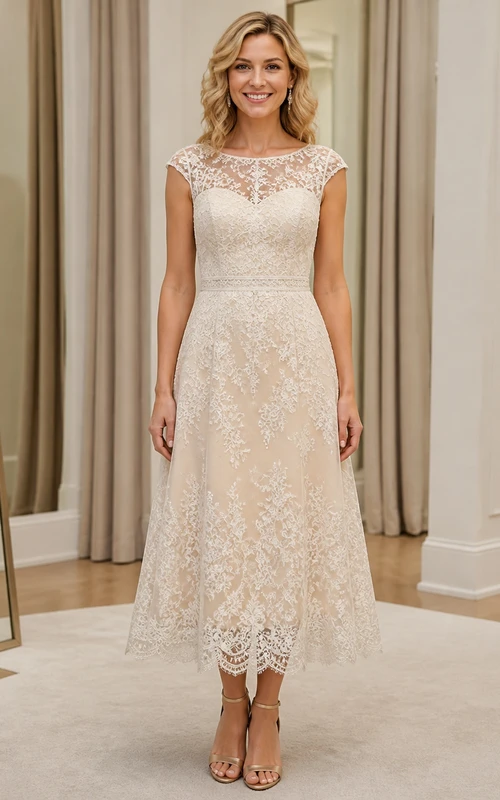 Robe de mère champagne mi-longue, col montant, manches courtes en dentelle, style modeste, à col montant.