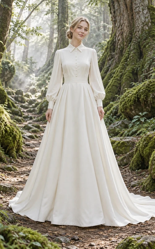 Schlichtes, dezentes Brautkleid in A-Linie mit Kragen, langen Ärmeln und Knöpfen