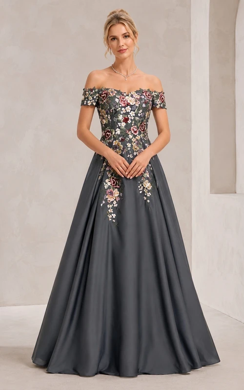 Steel Grey Off-the-shoulder Floral Applique Ball Gown