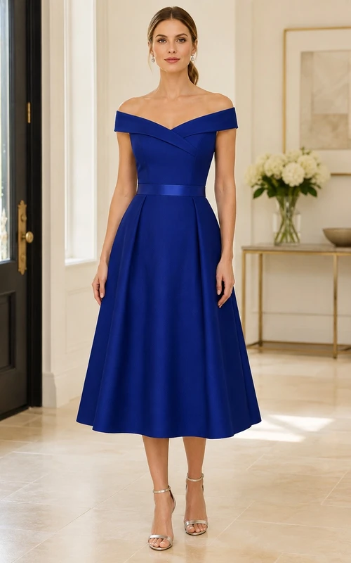 Royal Blue Elegant Modern Off-Shoulder Short-Sleeve Satin A-Line Tea-Length Formal Dress