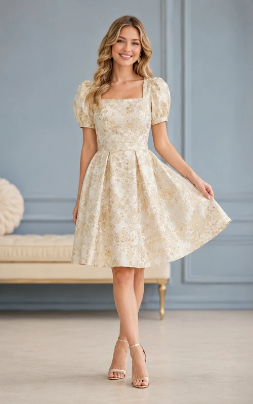 Robe de jardin courte en mousseline à fleurs, coupe trapèze, longueur genou, col carré et manches courtes, style petite taille.