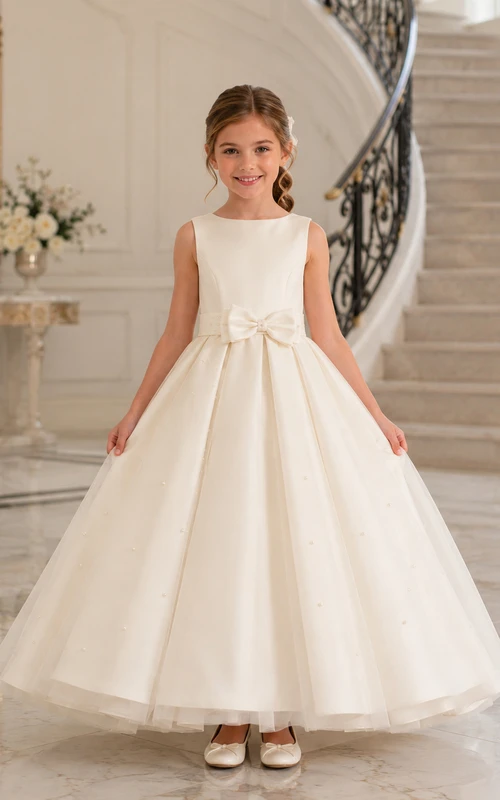 Vestido de niña de flores sin mangas, de satén color marfil y tul, con corte en A, escote joya y falda larga hasta el suelo con detalle de lazo.