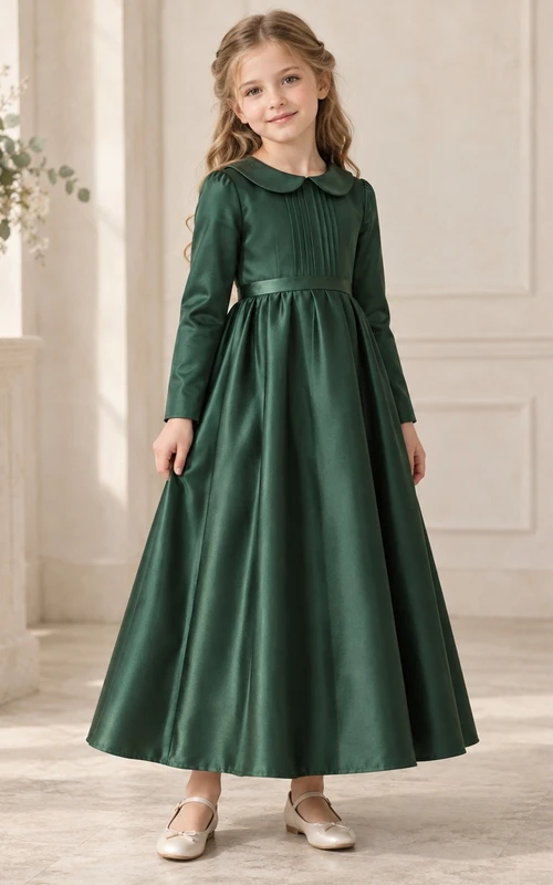 Waldgrünes, knöchellanges Blumenmädchenkleid aus Satin mit langen Ärmeln und Abnähern