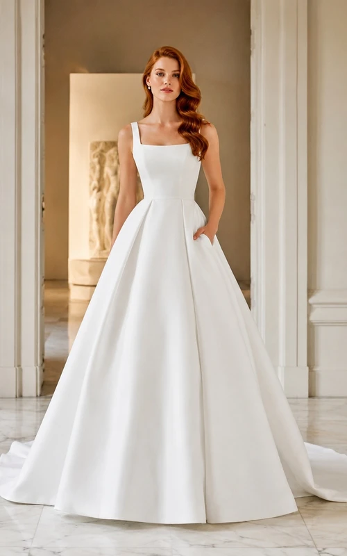 Vestido de novia elegante de satén con escote cuadrado, sin mangas, corte en A y cola catedral.