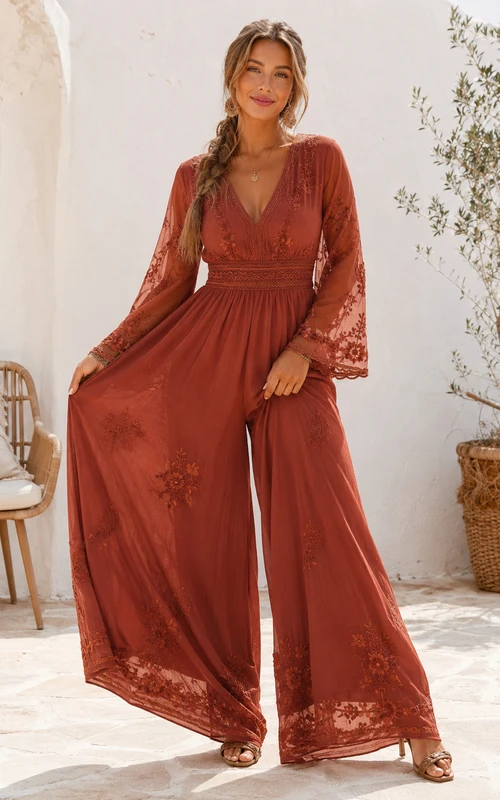 Mono Terracotta Verse Papaya, largo hasta el suelo, escote en V, manga larga, encaje, estilo bohemio, formal