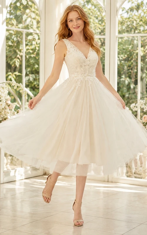 Ivory V-Neck Sleeveless Tulle Tea-Length Flowing A-Line Dress