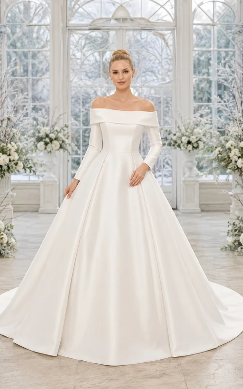 Robe de bal élégante en satin à épaules dénudées et manches longues, avec traîne chapelle, idéale pour un mariage d'hiver