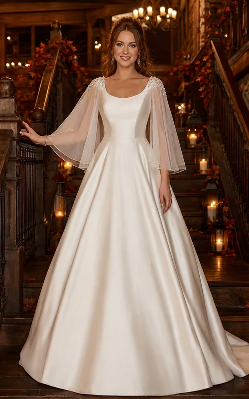 Fall Lodge Bateau Cape Sleeve Satin Ball Gown Dress
