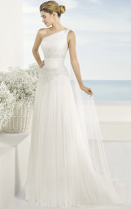 Langes, einseitig schulterfreies Brautkleid aus Tüll mit Applikationen und Falten