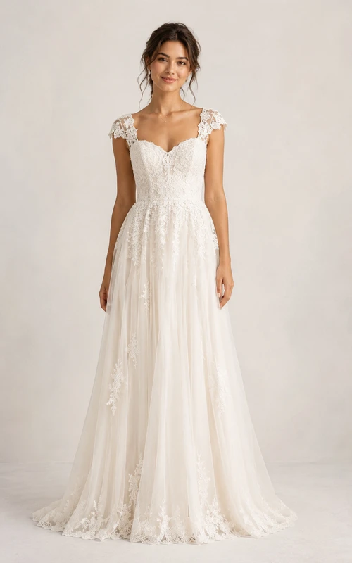 Simple Casual A-Line Wedding Dress Cap Sleeve Sweetheart Tulle Lace Applique Floor Length Sweep Train White