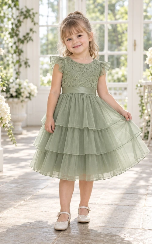 Teelanges, salbeigrünes Sommerkleid in A-Linie mit Tüllspitze am Oberteil, kurzen Ärmeln und Stufenrock für Blumenmädchen