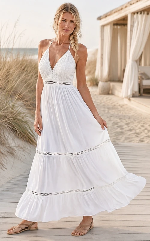 Bohemian White Halter Sleeveless Chiffon A-Line Tiered Floor-length Dress