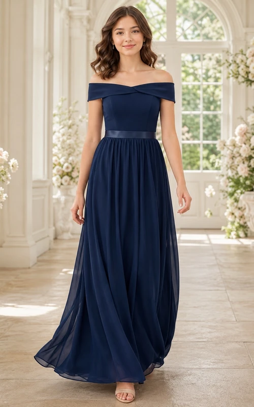 Dunkelblaues Brautjungfernkleid für junge Damen, A-Linie, schulterfrei, kurze Ärmel, elegant