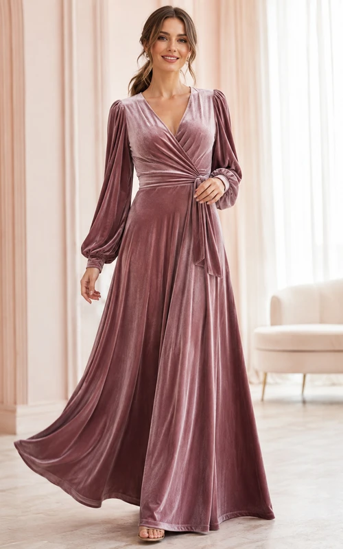 Vestido de noche formal largo hasta el suelo, de terciopelo malva vintage, con escote en V, mangas abullonadas y corte en A.