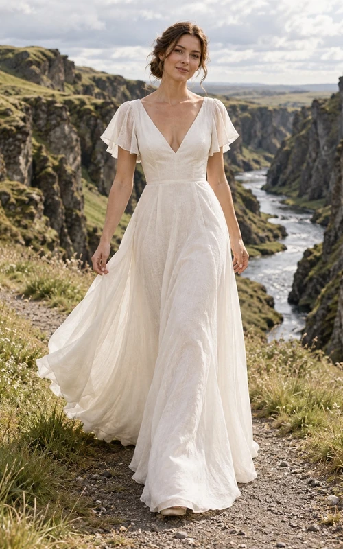 Vestido de novia romántico de corte A con mangas de volantes, escote en V, confeccionado en lino, con espalda en V profunda.