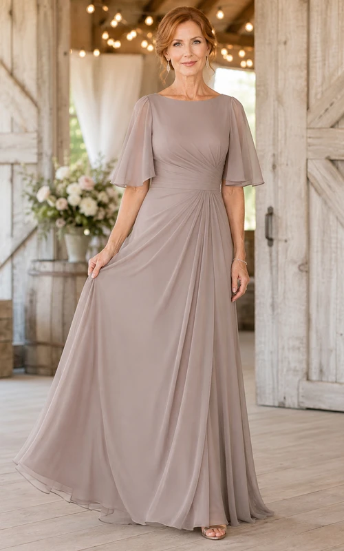 MOB-Kleid, taupefarbener Chiffon, A-Linie, flatternde Ärmel, U-Boot-Ausschnitt, bodenlang, gerafft