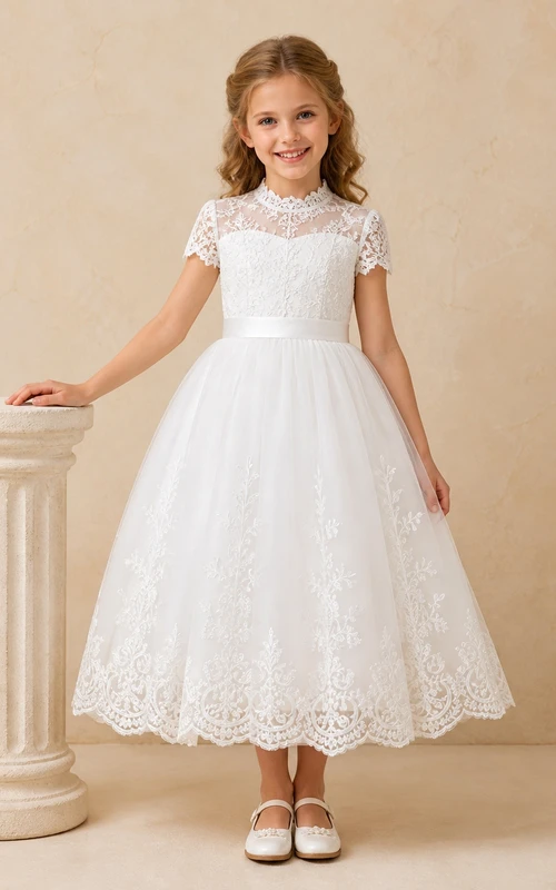 Modest Tea-length A-Line High Neck Cap Sleeve Romantic Tulle Flowergirl Dress