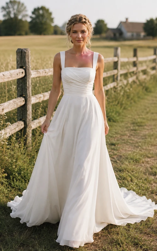 Robe de mariée champêtre simple et rustique, en mousseline, coupe trapèze, bretelles carrées et traîne chapelle, à encolure chapelle.
