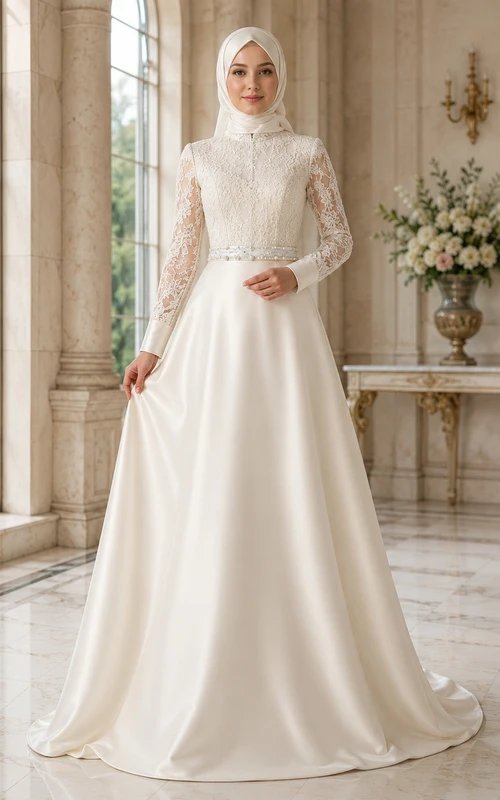 Petite Muslim Long Sleeve Lace Bodice Satin A-Line Wedding Dress