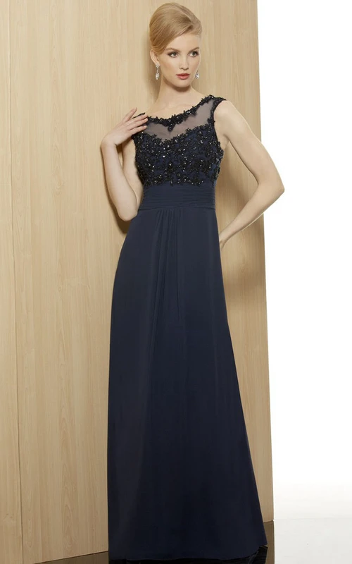 Robe de soirée fourreau sans manches en mousseline de soie, longue jusqu'au sol, col en V, dos illusion et appliques, ornée de perles