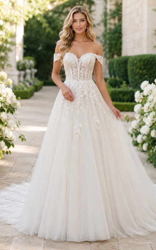 Vestido de novia de encaje y tul, estilo princesa, con hombros descubiertos, cola larga y apliques.