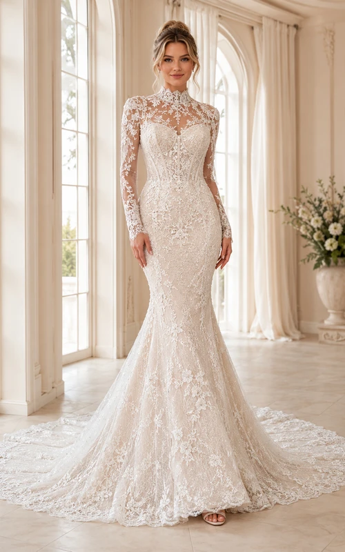 Robe de mariée sirène en dentelle florale à col montant et manches longues, avec traîne chapelle et col chapelle.