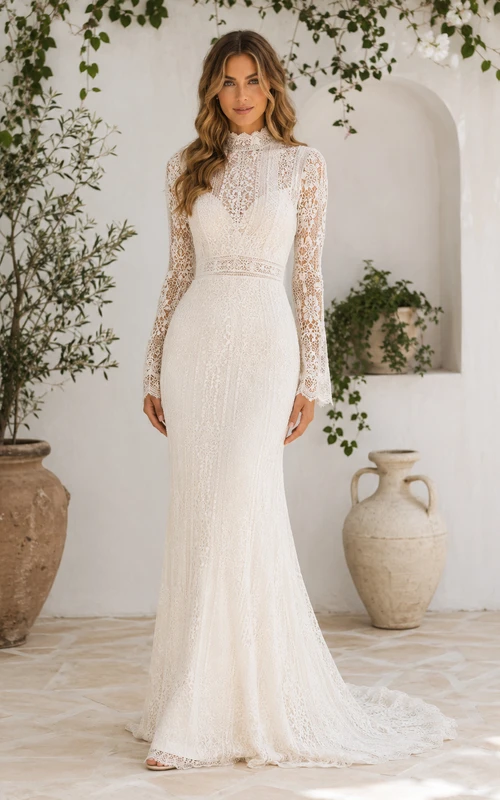 Robe de mariée bohème fourreau à col montant, manches illusion en dentelle, traîne balayée