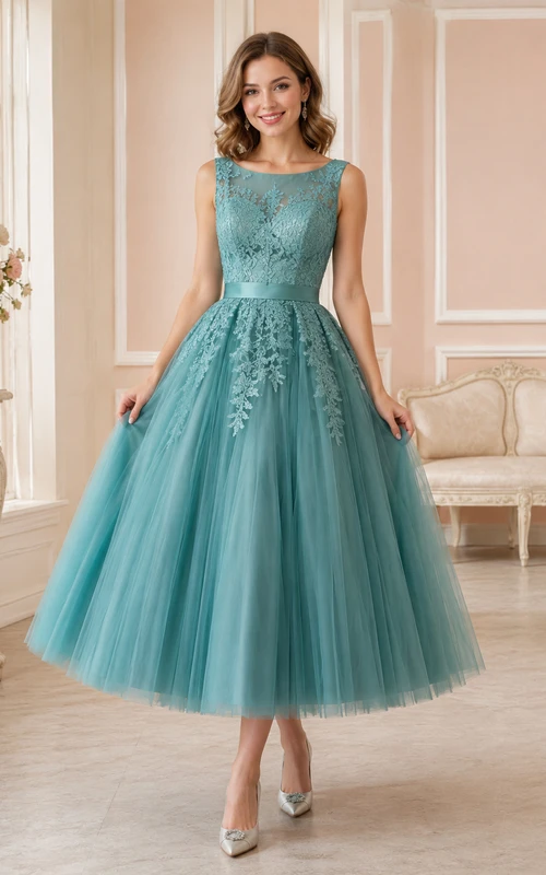 Vestido de recepción romántico de tul sin mangas con escote barco y largo hasta la rodilla, estilo pavo real, corte A.