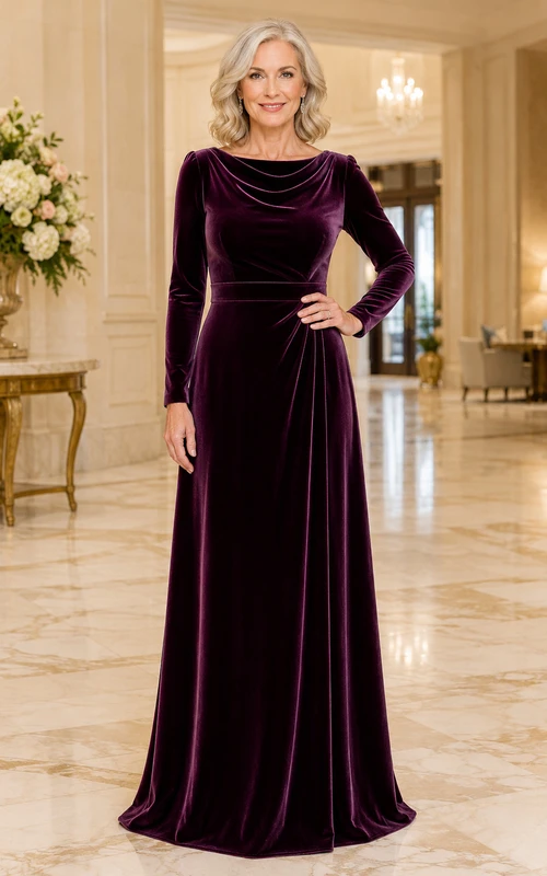 Pflaumenfarbenes Samtkleid in A-Linie mit langen Ärmeln