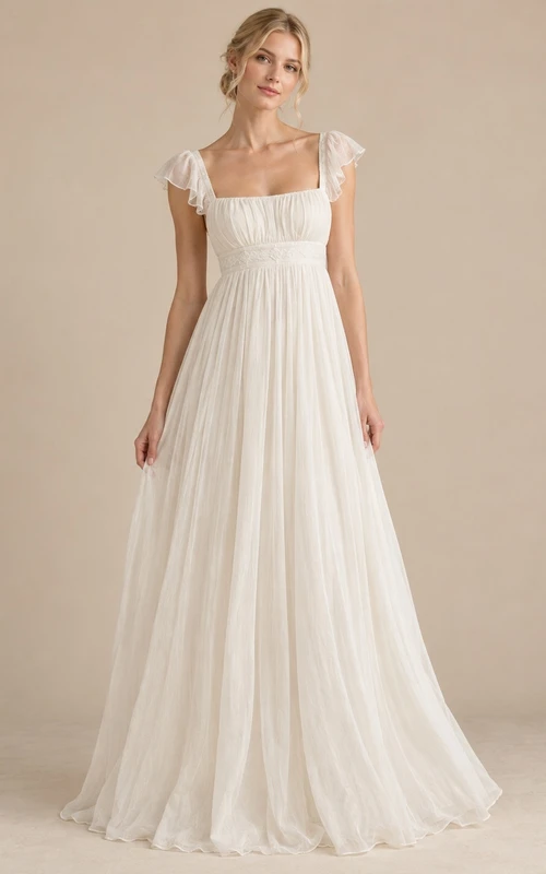 Vestido de novia sencillo de manga larga hasta el suelo, sin mangas, de gasa de algodón fruncida, con escote cuadrado y corte imperio.