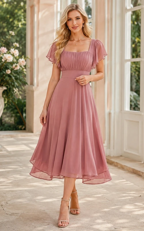 Vestido de corte A con cuello cuadrado y mangas con volantes, color rosa empolvado, largo hasta la rodilla