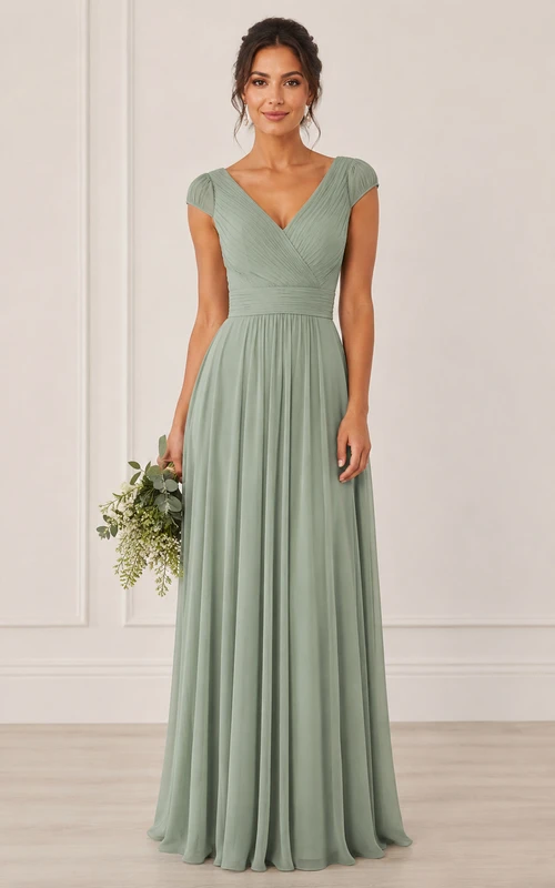 Robe de demoiselle d'honneur en mousseline de soie, col en V, manches courtes, coupe trapèze, couleur sauge