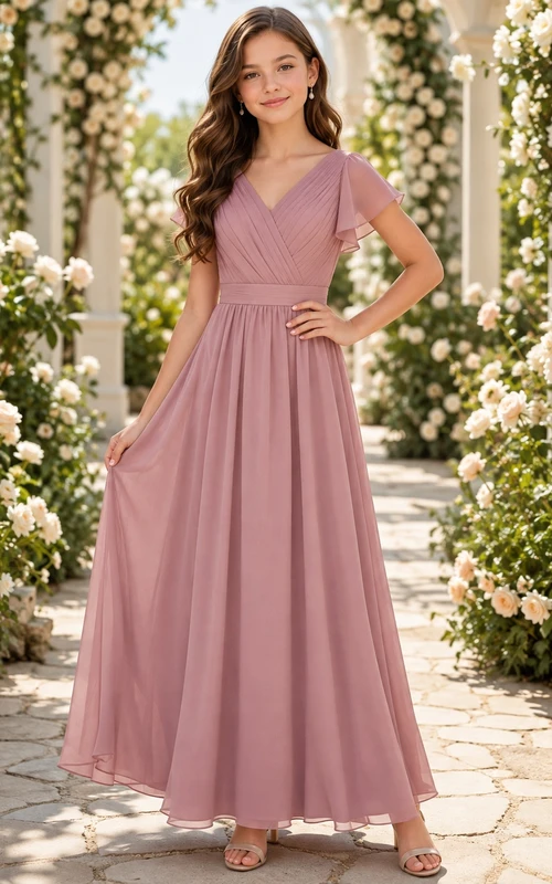 Elegantes Brautjungfernkleid in Altrosa, A-Linie, V-Ausschnitt, kurze Ärmel, plissiert