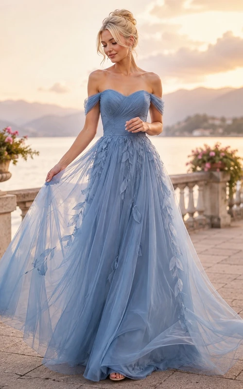 Vestido de noche de gala con volantes y escote Bardot de tul azul cielo