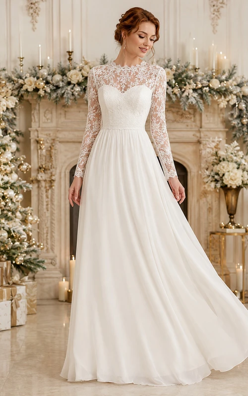 Weißes, hochgeschlossenes, bodenlanges A-Linien-Kleid aus Chiffon mit langen Illusionsärmeln und Spitze