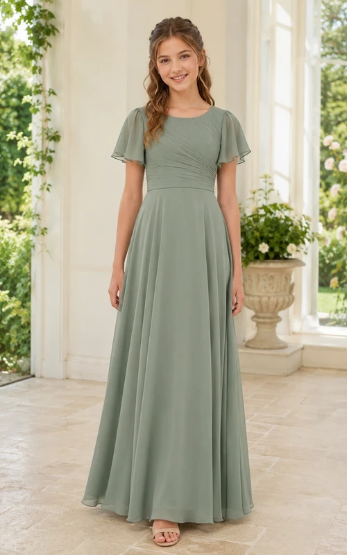 Vestido de dama de honor juvenil color celadón, corte en A, estilo joya, manga corta, pétalos plisados, romántico.
