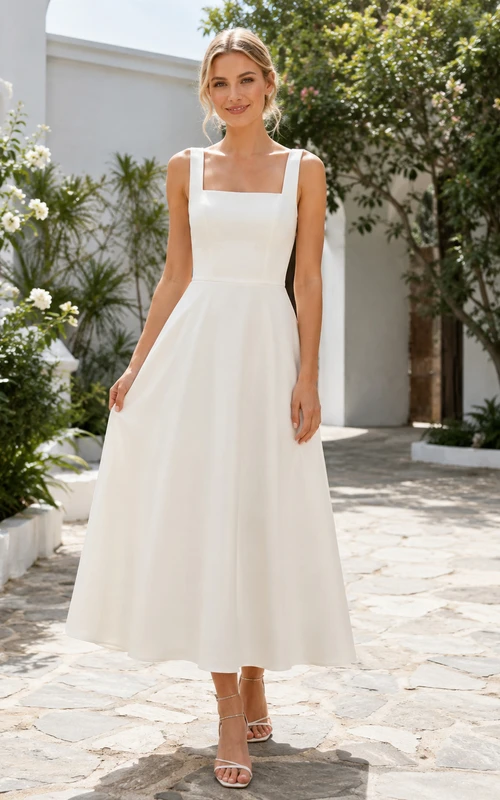 Vintage Chiffon-Hochzeitskleid, A-Linie, eckiger Ausschnitt, ärmellos, wadenlang