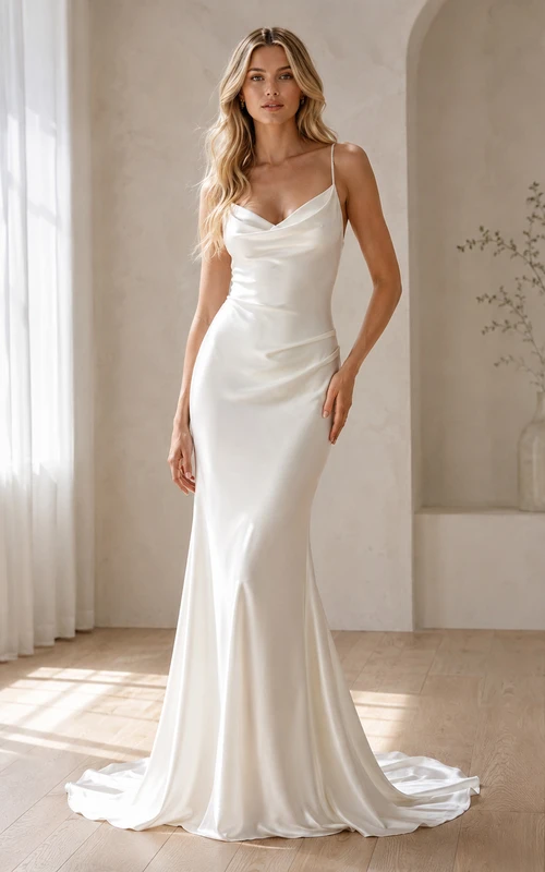 Robe de mariée sirène fluide en satin à col bénitier et fines bretelles spaghetti, décolleté plongeant en V, col châle