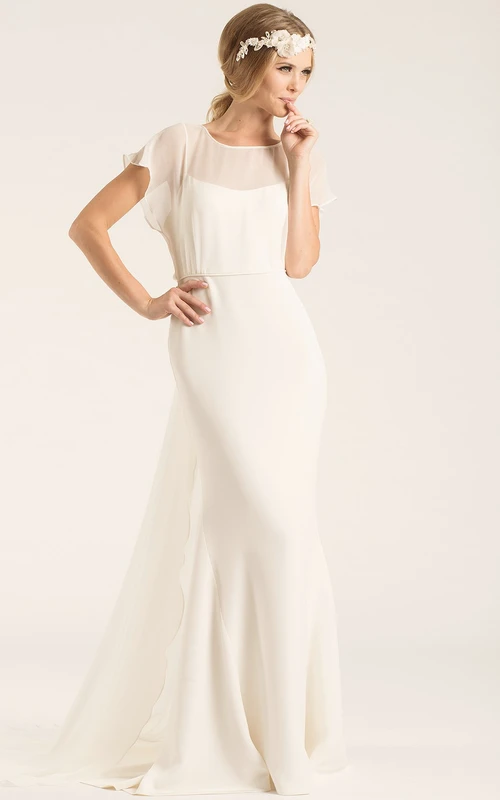 Robe de mariée longue en mousseline à manches bouffantes, traîne courte et dos en V