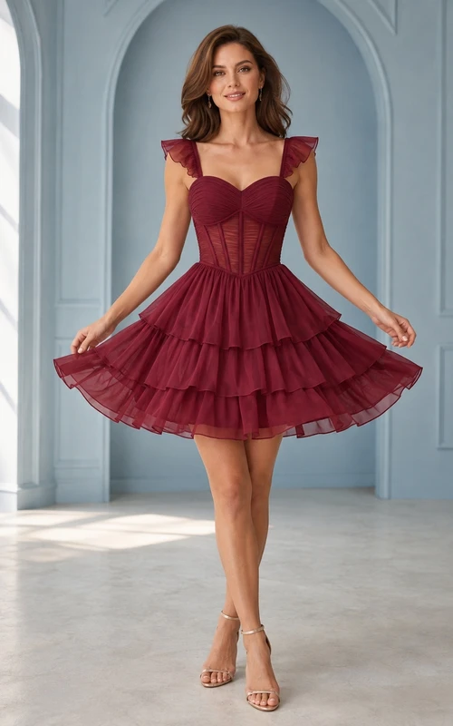 Burgunderfarbenes Chiffon-Stufenkleid mit Korsett und flatternden Trägern, inklusive gestuftem Chiffonrock