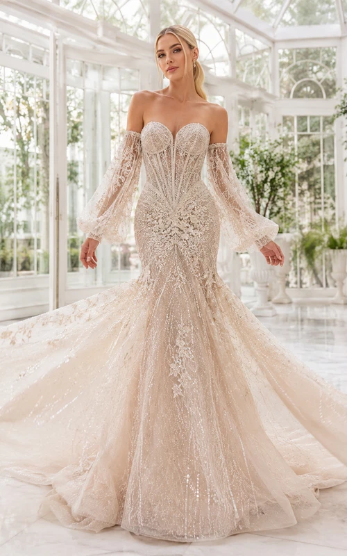 Robe de mariée sirène à encolure cœur, manches longues transparentes, dentelle superposée et traîne chapelle, ornée d'appliques, idéale pour une salle de bal.