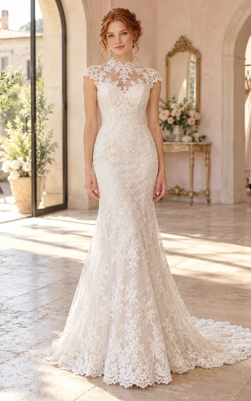 High Neck Cap Sleeve Mermaid Floral Lace Button Wedding Dress