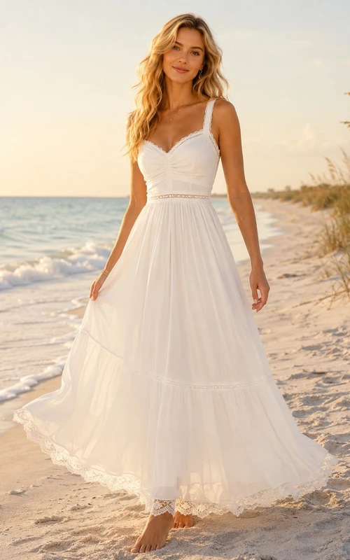 Lässiges Strandkleid mit Spaghettiträgern, Spitze, herzförmigem Ausschnitt, elfenbeinfarbenem Knöchellänge